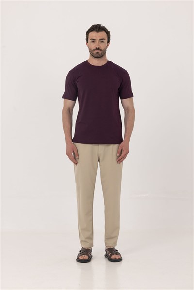 Bordo %100 Pamuk Bisiklet Yaka Düz Renk Basic T-Shirt