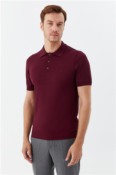 Erkek Bordo Normal Kesim Regular Fit Viskon Dokuma Düğmeli Polo Yaka Tişört