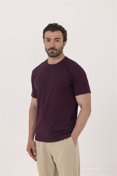 Bordo %100 Pamuk Bisiklet Yaka Düz Renk Basic T-Shirt