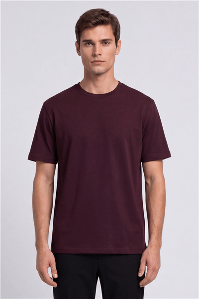 Erkek Bordo Normal Kesim Regular Fit %100 Pamuk Kısa Kollu Bisiklet Yaka Basic Tişört