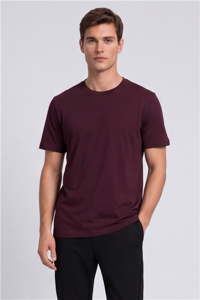 Erkek Bordo Normal Kesim Regular Fit %100 Pamuk Kısa Kollu Bisiklet Yaka Basic Tişört