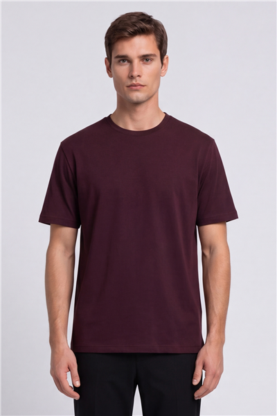 Erkek Bordo Normal Kesim Regular Fit %100 Pamuk Kısa Kollu Bisiklet Yaka Basic Tişört