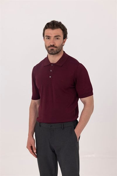 Bordo Regular Fit Göğüs Nakış Detaylı Polo Yaka Triko T-shirt
