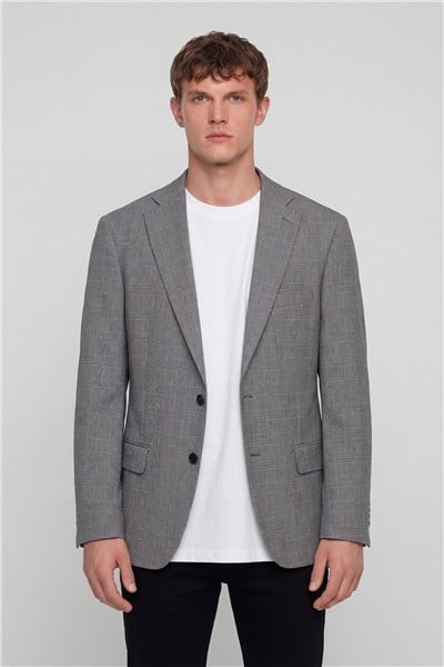 Erkek Gri Dar Kesim Slim Fit Dokuma Ekose Fleto Kapaklı Cep Çift Yırtmaçlı Mono Yaka 4 Drop Ceket 