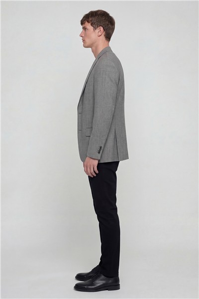 Erkek Gri Dar Kesim Slim Fit Dokuma Ekose Fleto Kapaklı Cep Çift Yırtmaçlı Mono Yaka 4 Drop Ceket 