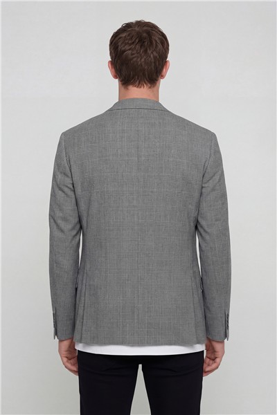 Erkek Gri Dar Kesim Slim Fit Dokuma Ekose Fleto Kapaklı Cep Çift Yırtmaçlı Mono Yaka 4 Drop Ceket 