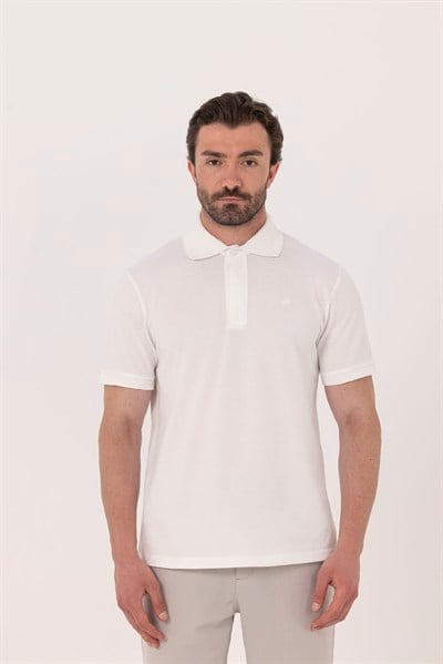 Ekru %100 Pamuk Gizli Fermuarlı Polo Yaka T-shirt 