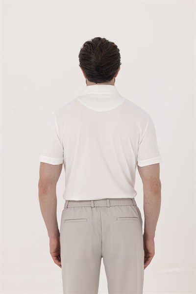 Ekru %100 Pamuk Gizli Fermuarlı Polo Yaka T-shirt 
