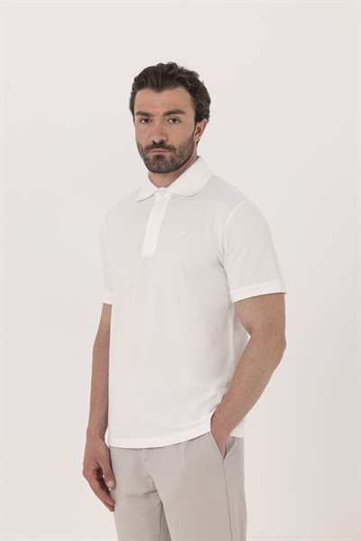 Ekru %100 Pamuk Gizli Fermuarlı Polo Yaka T-shirt 
