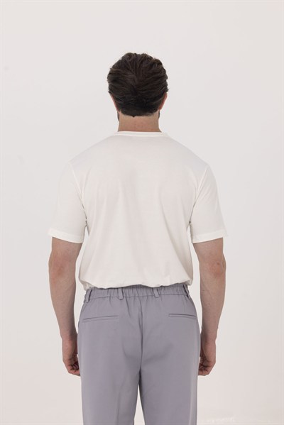 Ekru %100 Pamuk Bisiklet Yaka Düz Renk Basic T-Shirt