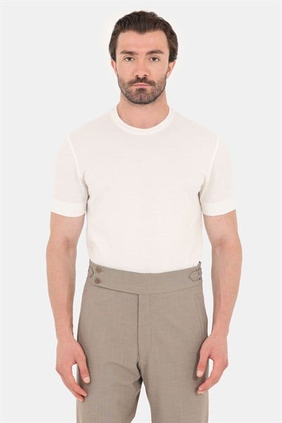 Erkek Ekru Normal Kesim Regular Fit %100 Pamuk Dokuma Bisiklet Yaka Basic T-Shirt