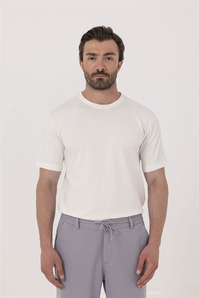 Ekru %100 Pamuk Bisiklet Yaka Düz Renk Basic T-Shirt
