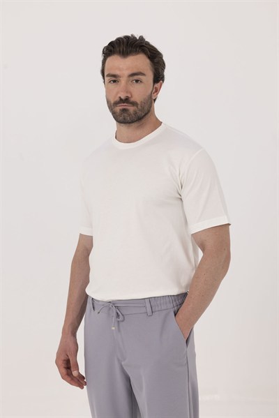 Ekru %100 Pamuk Bisiklet Yaka Düz Renk Basic T-Shirt