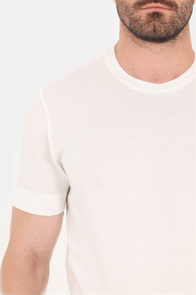 Erkek Ekru Normal Kesim Regular Fit %100 Pamuk Dokuma Bisiklet Yaka Basic T-Shirt