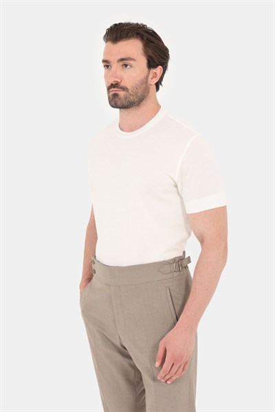 Erkek Ekru Normal Kesim Regular Fit %100 Pamuk Dokuma Bisiklet Yaka Basic T-Shirt