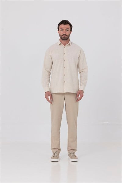 Ekru Regular Fit Keten Görünümlü %100 Pamuk Gömlek