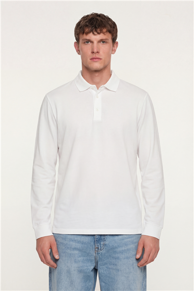 Erkek Ekru Normal Kesim Regular Fit %100 Pamuk Uzun Kollu Düğmeli Polo Yaka Sweatshirt