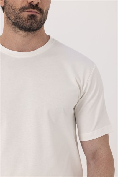 Ekru %100 Pamuk Bisiklet Yaka Düz Renk Basic T-Shirt