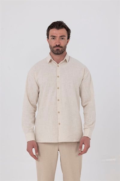 Ekru Regular Fit Keten Görünümlü %100 Pamuk Gömlek