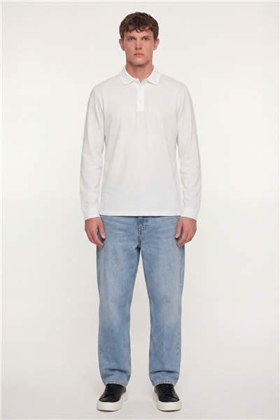 Erkek Ekru Normal Kesim Regular Fit %100 Pamuk Uzun Kollu Düğmeli Polo Yaka Sweatshirt