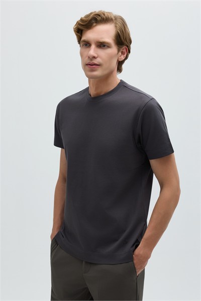 Erkek Füme Normal Kesim Regular Fit %100 Pamuk Dokuma Bisiklet Yaka Basic T-Shirt