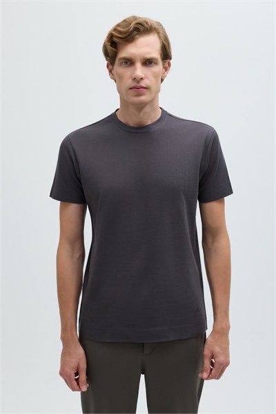 Erkek Füme Normal Kesim Regular Fit %100 Pamuk Dokuma Bisiklet Yaka Basic T-Shirt