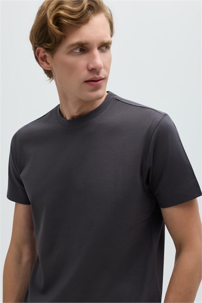 Erkek Füme Normal Kesim Regular Fit %100 Pamuk Dokuma Bisiklet Yaka Basic T-Shirt