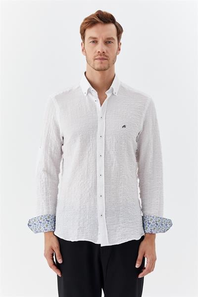 Erkek Beyaz Dar Kesim Slim Fit %100 Pamuk Baskılı Düğmeli Yaka Gömlek