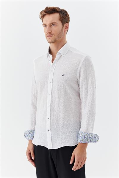 Erkek Beyaz Dar Kesim Slim Fit %100 Pamuk Baskılı Düğmeli Yaka Gömlek