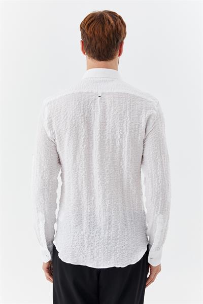 Erkek Beyaz Dar Kesim Slim Fit %100 Pamuk Baskılı Düğmeli Yaka Gömlek