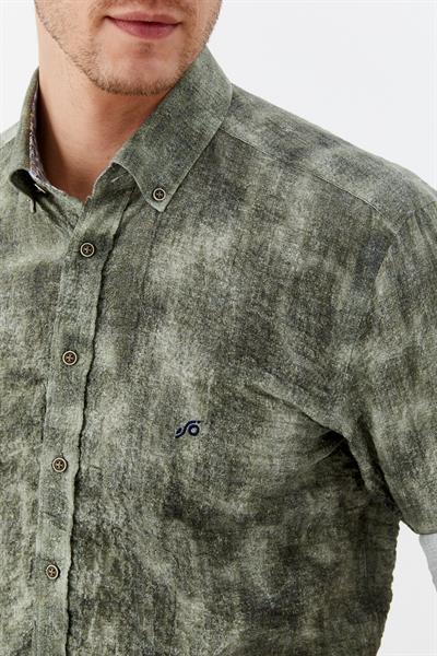 Erkek Haki Dar Kesim Slim Fit %100 Pamuk Baskılı Düğmeli Yaka Gömlek