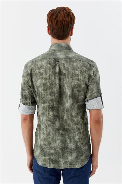 Erkek Haki Dar Kesim Slim Fit %100 Pamuk Baskılı Düğmeli Yaka Gömlek