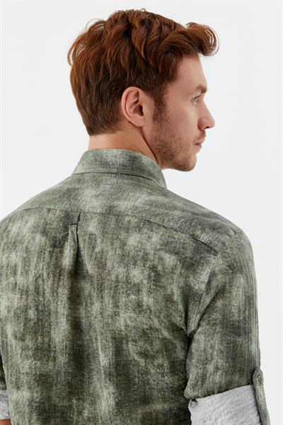 Erkek Haki Dar Kesim Slim Fit %100 Pamuk Baskılı Düğmeli Yaka Gömlek