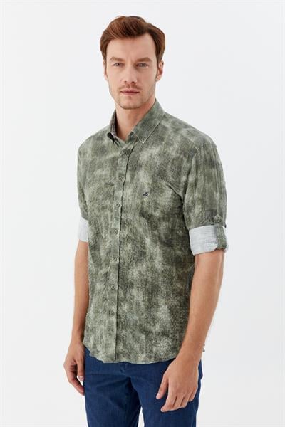 Erkek Haki Dar Kesim Slim Fit %100 Pamuk Baskılı Düğmeli Yaka Gömlek