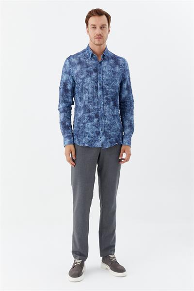 Erkek indigo Dar Kesim Slim Fit %100 Pamuk Baskılı Düğmeli Yaka Gömlek