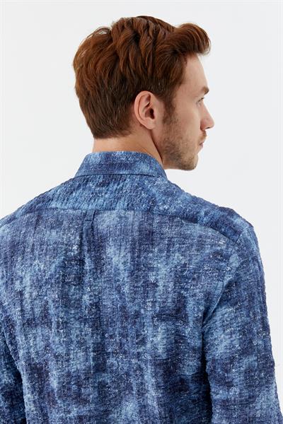 Erkek indigo Dar Kesim Slim Fit %100 Pamuk Baskılı Düğmeli Yaka Gömlek