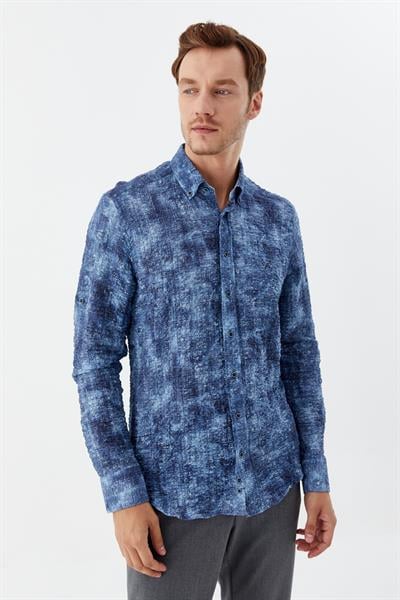 Erkek indigo Dar Kesim Slim Fit %100 Pamuk Baskılı Düğmeli Yaka Gömlek