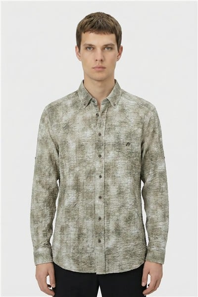 Erkek Vizon Dar Kesim Slim Fit %100 Pamuk Baskılı Düğmeli Yaka Gömlek