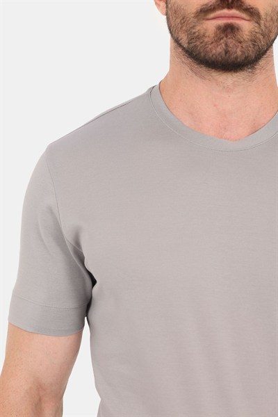 Erkek Gri Normal Kesim Regular Fit %100 Pamuk Dokuma Bisiklet Yaka Basic T-Shirt