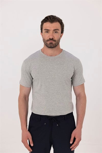 Gri %100 Pamuk Bisiklet Yaka Düz Renk Basic T-Shirt