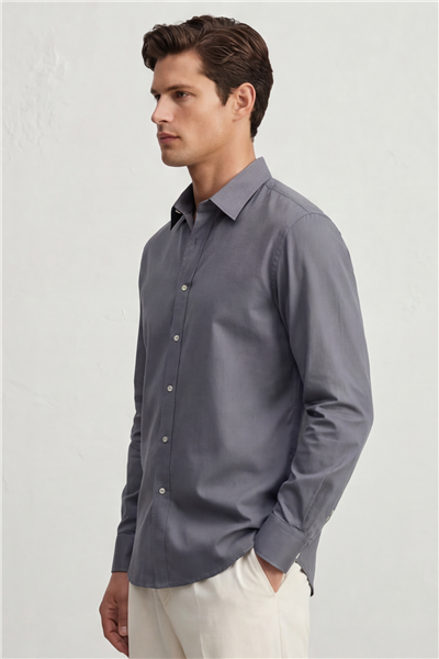 Erkek Gri Normal Kesim Regular Fit %100 Pamuk Gabardin Uzun Kollu Klasik Yaka Gömlek