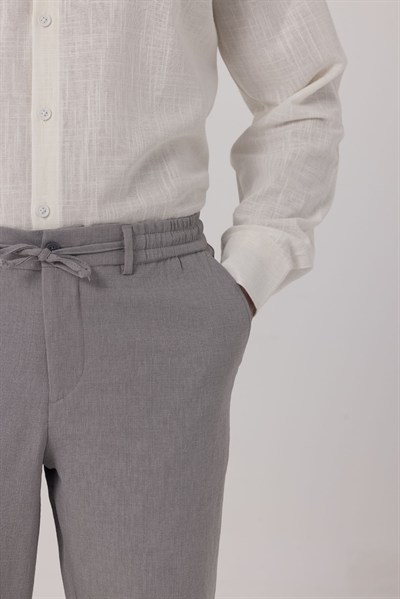 Gri Keten Görünümlü Arka Lastikli Köprü Kemerli Bağcıklı Regular Fit Jogger Pantolon