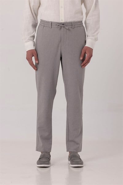 Gri Keten Görünümlü Arka Lastikli Köprü Kemerli Bağcıklı Regular Fit Jogger Pantolon