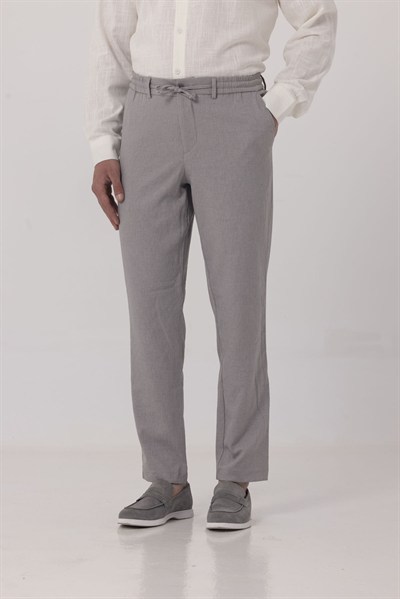 Gri Keten Görünümlü Arka Lastikli Köprü Kemerli Bağcıklı Regular Fit Jogger Pantolon