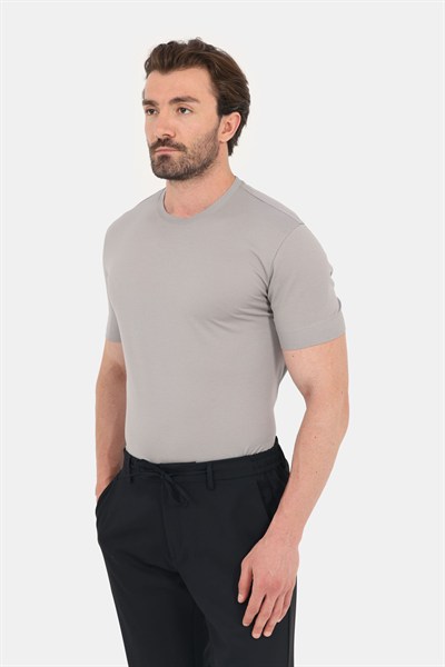 Erkek Gri Normal Kesim Regular Fit %100 Pamuk Dokuma Bisiklet Yaka Basic T-Shirt