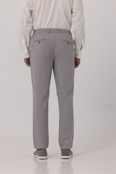 Gri Keten Görünümlü Arka Lastikli Köprü Kemerli Bağcıklı Regular Fit Jogger Pantolon
