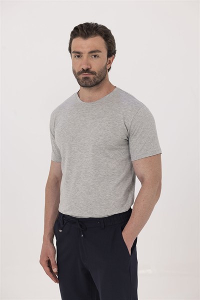 Gri %100 Pamuk Bisiklet Yaka Düz Renk Basic T-Shirt