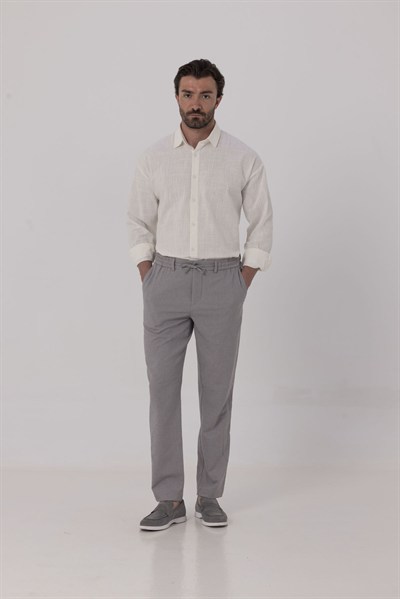 Gri Keten Görünümlü Arka Lastikli Köprü Kemerli Bağcıklı Regular Fit Jogger Pantolon