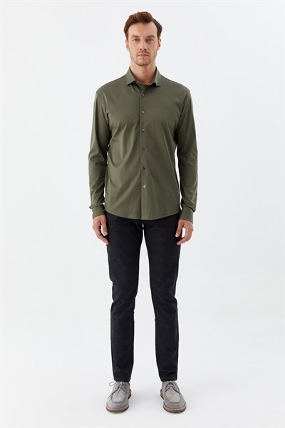 Erkek Haki Dar Kesim Slim Fit %100 Pamuk Düz Dokuma Klasik Yaka Gömlek