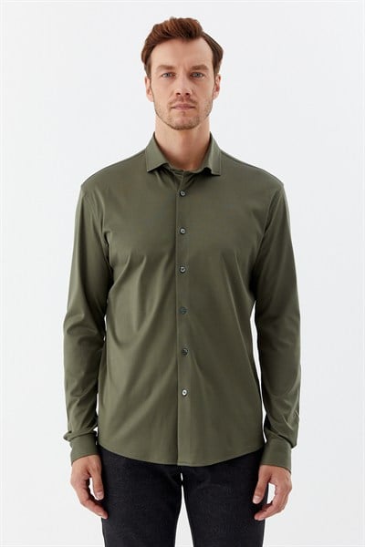 Erkek Haki Dar Kesim Slim Fit %100 Pamuk Düz Dokuma Klasik Yaka Gömlek